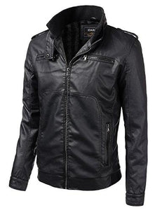 IDARBI Mens Long Sleeve Premium Stand Collar Zip Up Faux Leather Jacket