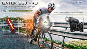 Blitzu Gator 320 PRO USB Rechargeable Bike Light Set POWERFUL Lumens Bicycle Headlight FREE TAIL LIGHT, LED Front and Back Rear Lights Easy To Install for Kids Men Women Road Cycling Safety Flashlight