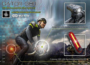 Blitzu Gator 380 USB Rechargeable Bike Light Set POWERFUL Lumens Bicycle Headlight FREE TAIL LIGHT, LED Front and Back Rear Lights Easy To Install for Kids Men Women Road Cycling Safety Flashlight