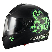 Load image into Gallery viewer, “Biohazard” Full Face Matte Green Dual Visor Street Bike Motorcycle Helmet by Triangle [DOT] (Small)