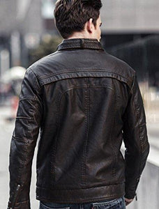 Chouyatou Men's Vintage Stand Collar Pu Leather Jacket