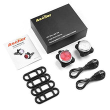 Load image into Gallery viewer, Ascher USB Rechargeable Bike Light Set,Super Bright Front Headlight and Free Rear LED Bicycle Light,650mah Lithium Battery,4 Light Mode Options, Water Resistant IPX4(2 USB cables and 4 Strap Included)