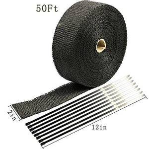 Exhaust Wrap 2" x 50 Ft Exhaust Heat Wrap Tape Header Glassfiber Wrap Kit for Automotive Motorcycle with 8 Stainless Ties (Black)