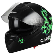 Load image into Gallery viewer, “Biohazard” Full Face Matte Green Dual Visor Street Bike Motorcycle Helmet by Triangle [DOT] (Small)