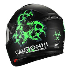 Load image into Gallery viewer, “Biohazard” Full Face Matte Green Dual Visor Street Bike Motorcycle Helmet by Triangle [DOT] (Small)