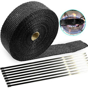 Exhaust Wrap 2" x 50 Ft Exhaust Heat Wrap Tape Header Glassfiber Wrap Kit for Automotive Motorcycle with 8 Stainless Ties (Black)