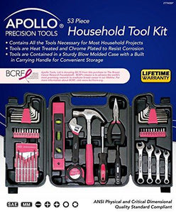 Apollo Tools DT9408P 53 Piece Household Tool Set with Wrenches, Precision Screwdriver Set and Most Reached for Hand Tools in Storage Case Pink Ribbon